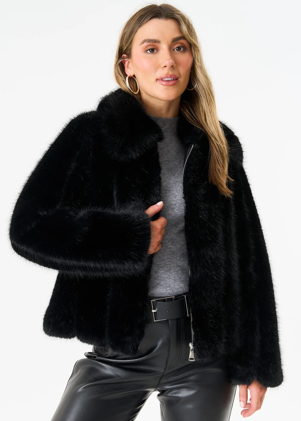 Gini London Black Zip Front Faux Fur Short Jacket - Medium/Large Image 4