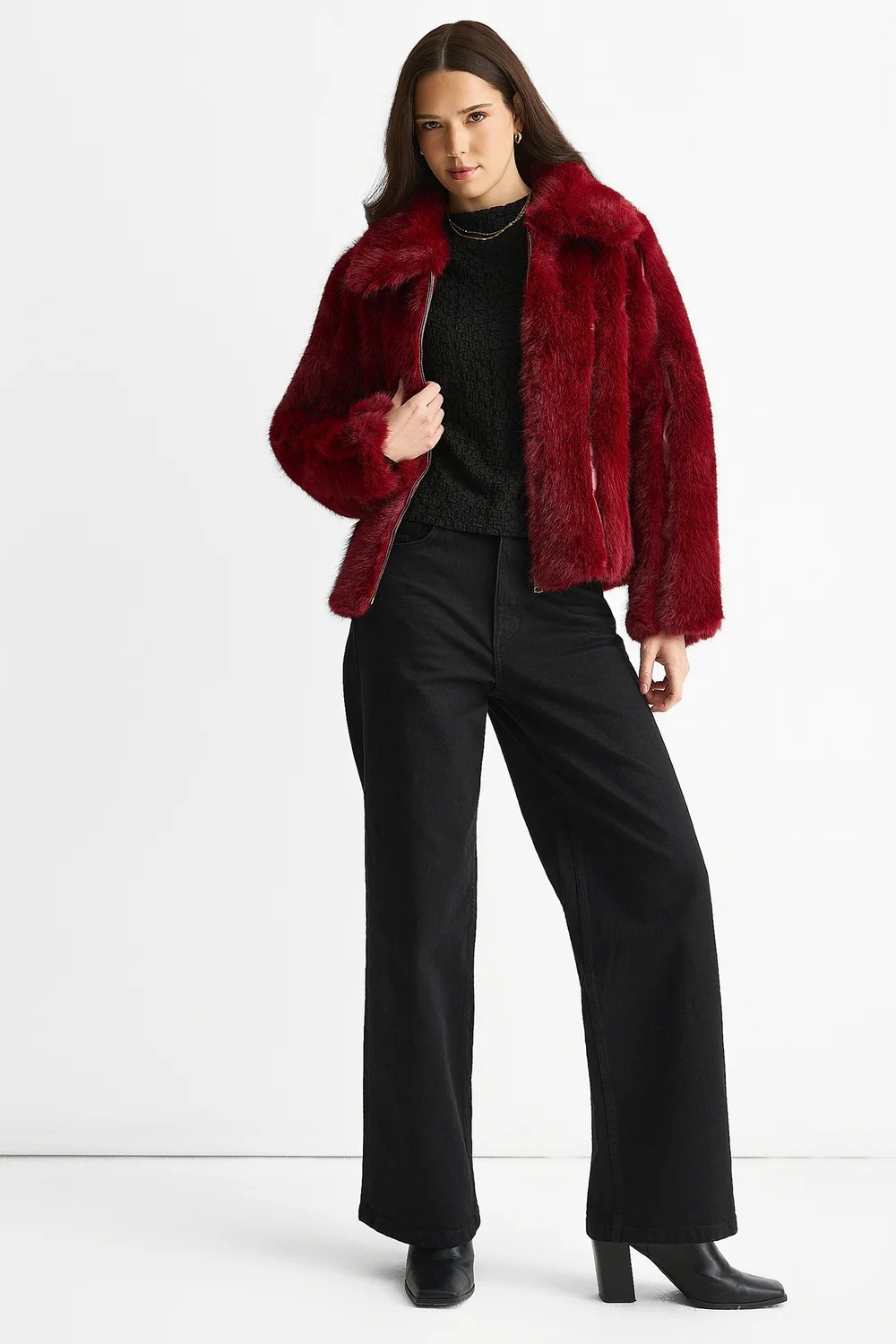 Gini London Burgundy Zip Front Faux Fur Short Jacket - S/M Image 1