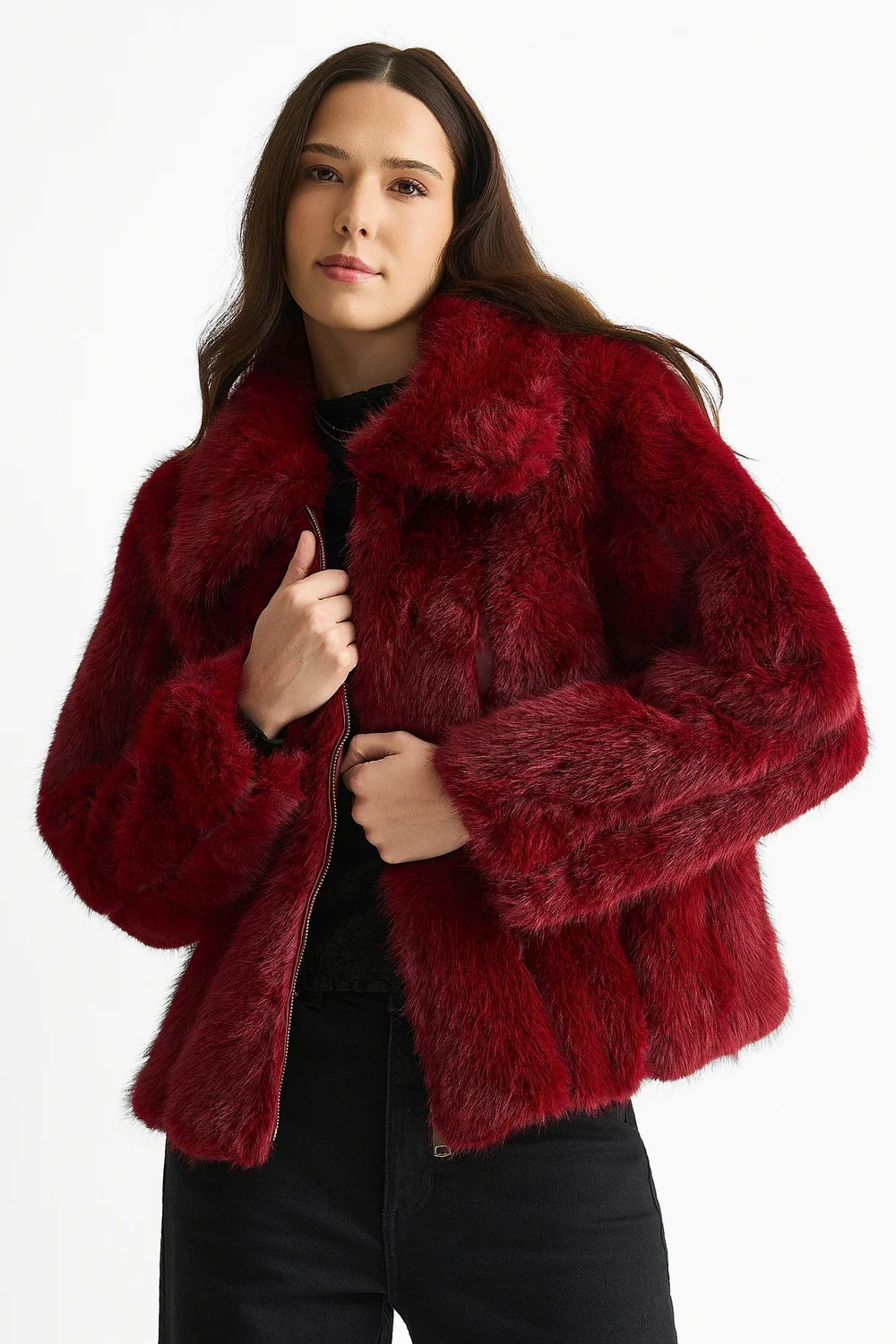 Gini London Burgundy Zip Front Faux Fur Short Jacket - S/M Image 3