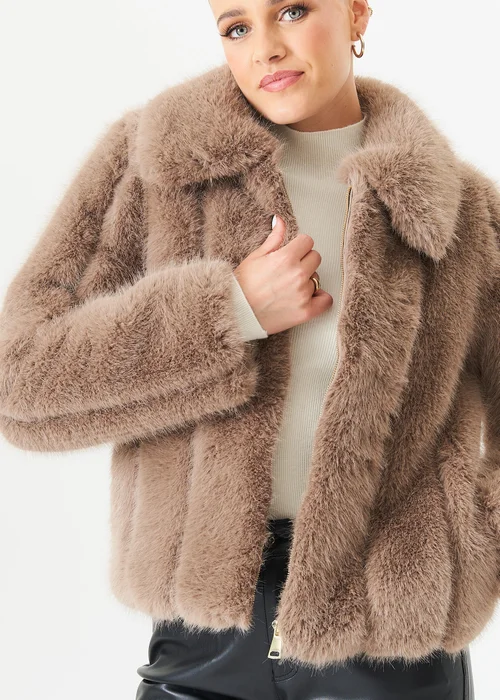Gini London Stone Zip Front Faux Fur Short Jacket - Medium/Large Image 3