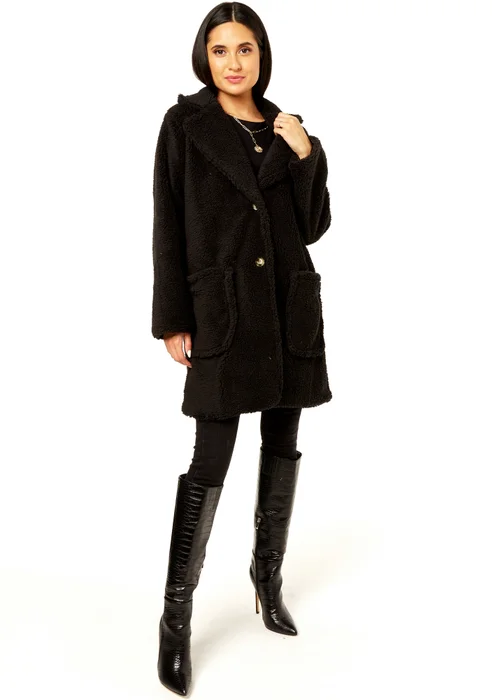Gini London Black Faux Fur Longline Teddy Overcoat - Large/Extra Large Image 4