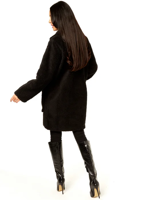 Gini London Black Faux Fur Longline Teddy Overcoat - Large/Extra Large Image 2