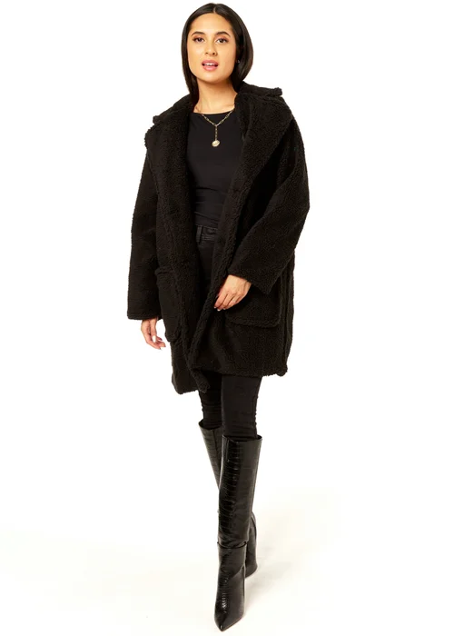 Gini London Black Faux Fur Longline Teddy Overcoat - Large/Extra Large Image 1