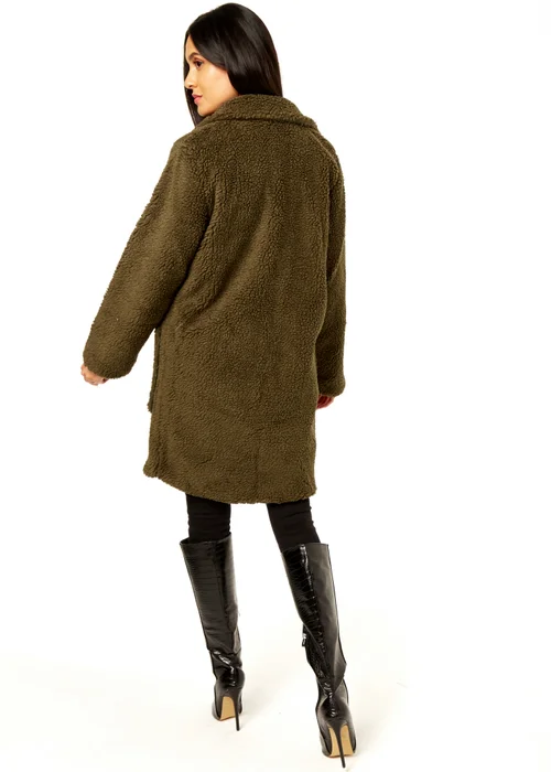 Gini London Khaki Faux Fur Longline Teddy Overcoat - Large/Extra Large Image 4