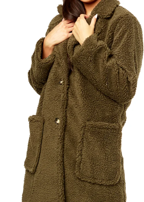 Gini London Khaki Faux Fur Longline Teddy Overcoat - Large/Extra Large Image 3