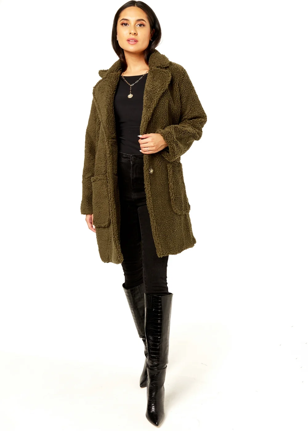 Gini London Khaki Faux Fur Longline Teddy Overcoat - Large/Extra Large Image 1