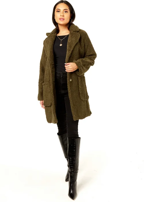 Gini London Khaki Faux Fur Longline Teddy Overcoat - Large/Extra Large Image 1