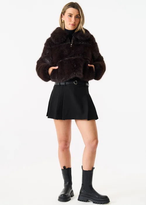 Gini London Brown Panel Faux Fur Cropped Jacket - S/M Image 1