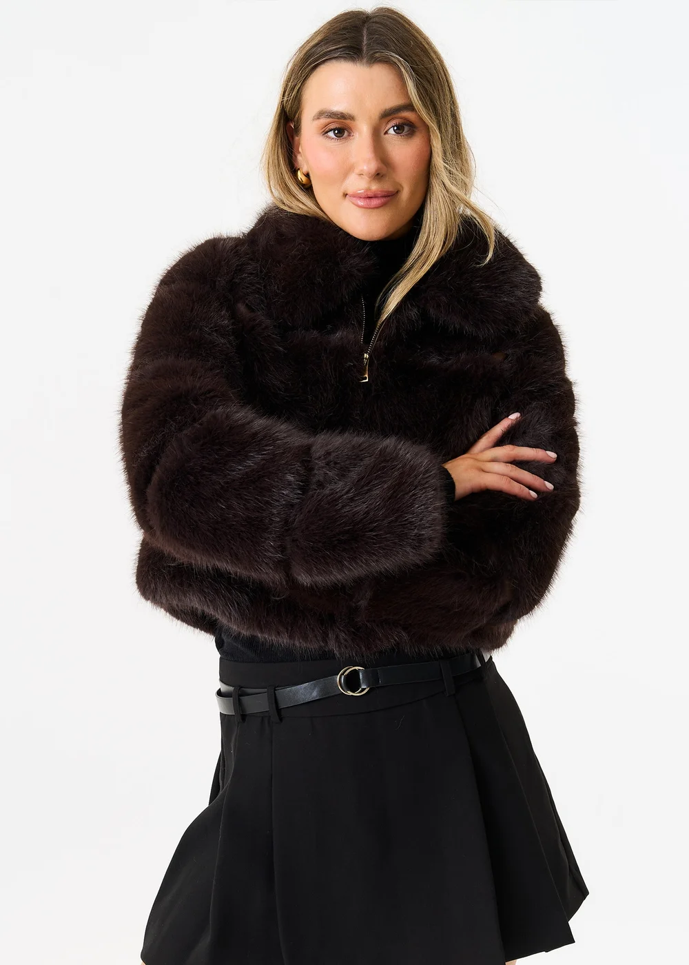 Gini London Brown Panel Faux Fur Cropped Jacket - S/M Image 4