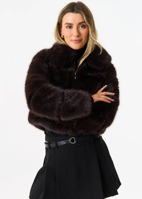 Gini London Brown Panel Faux Fur Cropped Jacket - S/M Image 4