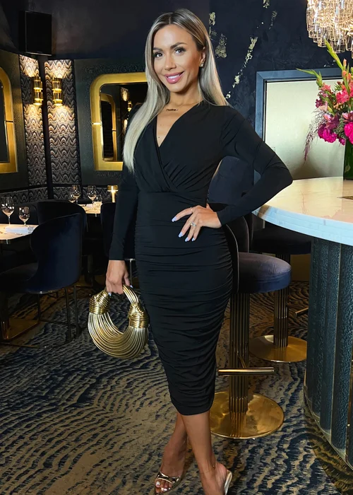 AX Paris Black Wrap Top Long Sleeve Ruched Bodycon Midi Dress - 8 Image 1