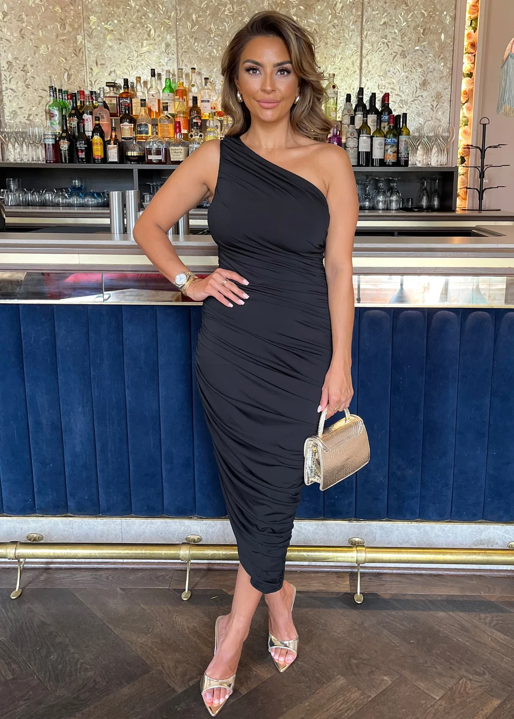 AX Paris Black One Shoulder Asymmetric Hem Ruched Midi Dress - 10 AX Paris Black One Shoulder Asymmetric Hem Ruched Midi Dress - 10