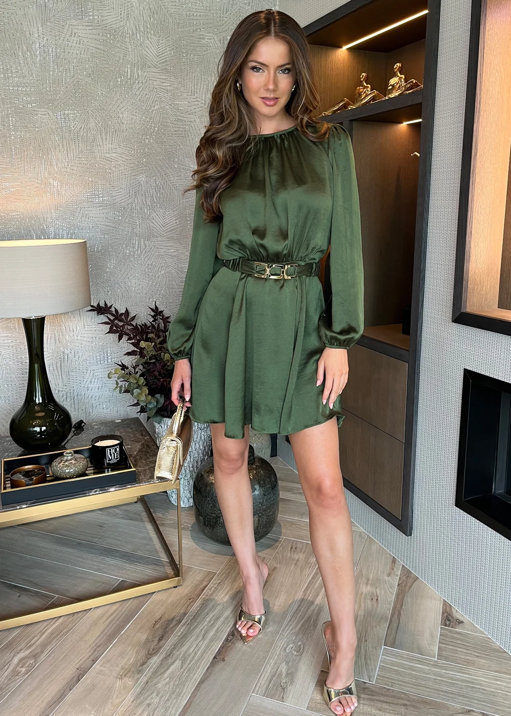 AX Paris Olive Long Sleeve Belted Skater Mini Dress - 8 Image 1