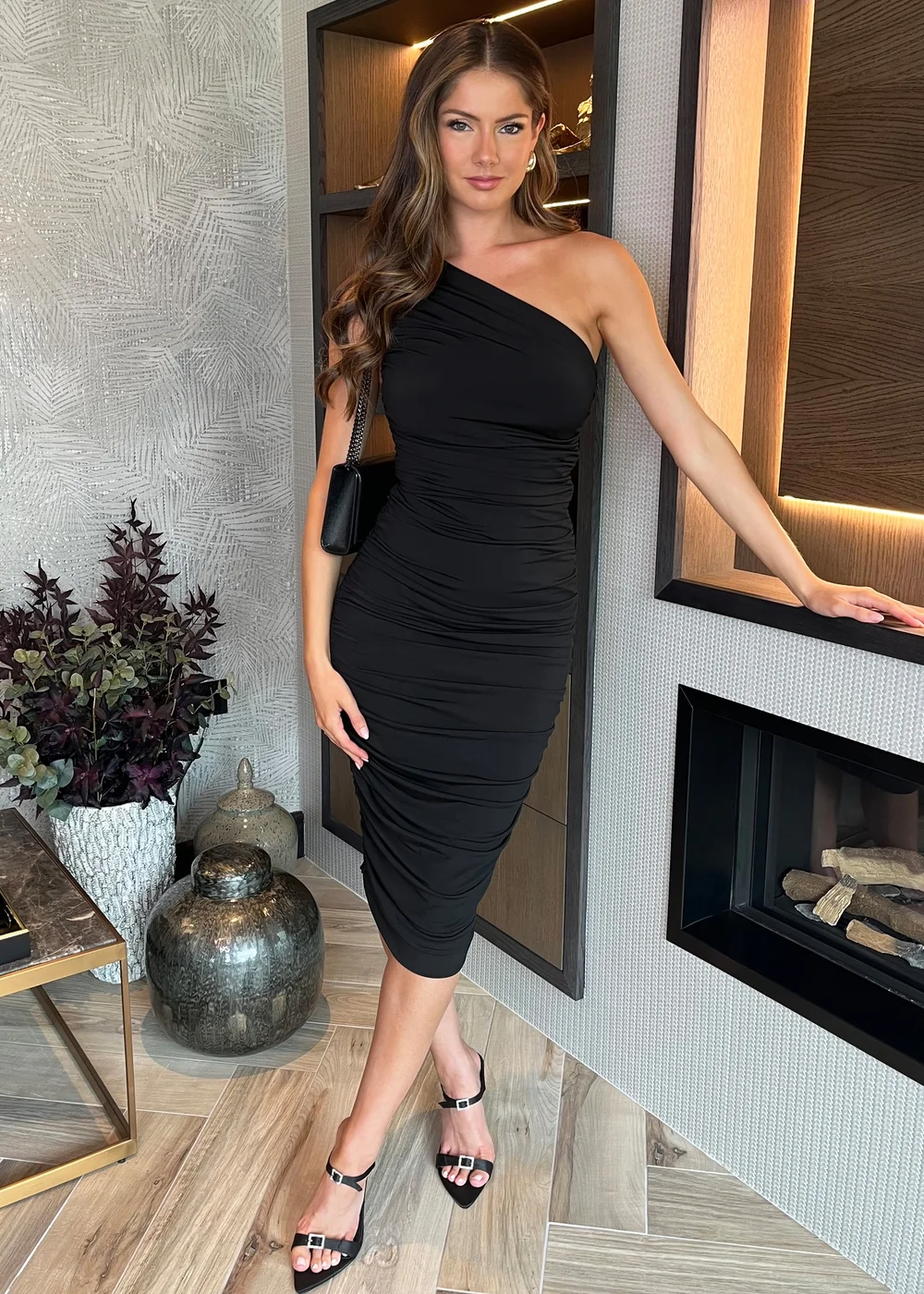AX Paris Black One Shoulder Bodycon Ruched Midi Dress - 16 | Matalan AX Paris Black One Shoulder Bodycon Ruched Midi Dress - 16 | Matalan