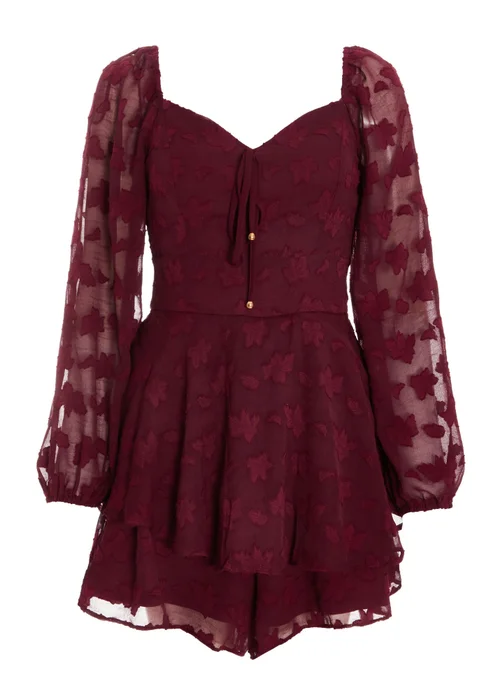 Quiz Burgundy Floral Jacquard Tiered Playsuit - Size 6 Image 4