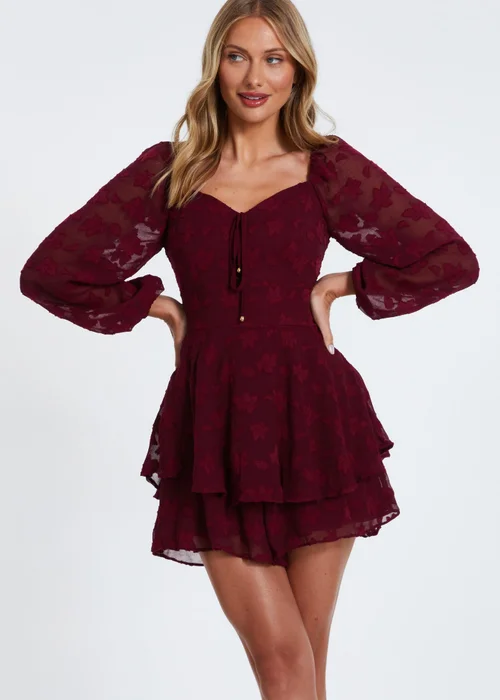 Quiz Burgundy Floral Jacquard Tiered Playsuit - Size 6 Image 1