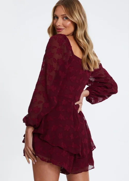Quiz Burgundy Floral Jacquard Tiered Playsuit - Size 6 Image 2