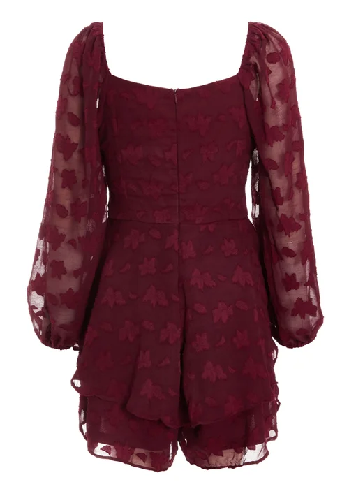 Quiz Burgundy Floral Jacquard Tiered Playsuit - Size 6 Image 5