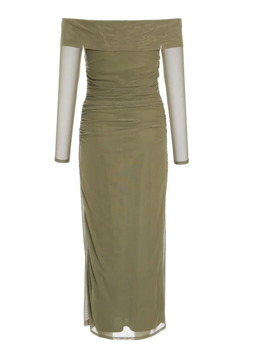 Quiz Khaki Mesh Twist Bardot Midaxi Dress - 8 Image 5