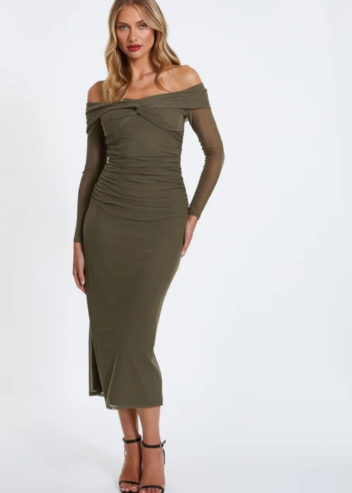 Quiz Khaki Mesh Twist Bardot Midaxi Dress - 8 Image 1