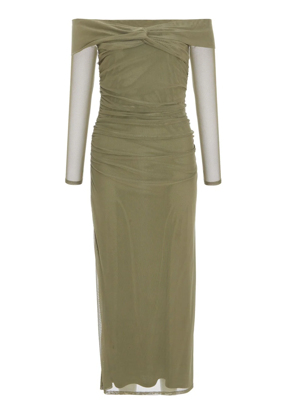 Quiz Khaki Mesh Twist Bardot Midaxi Dress - 8 Image 4