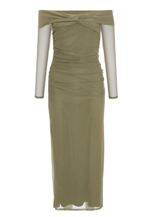 Quiz Khaki Mesh Twist Bardot Midaxi Dress - 8 Image 4