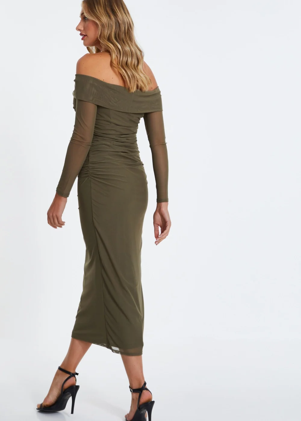 Quiz Khaki Mesh Twist Bardot Midaxi Dress - 8 Image 2