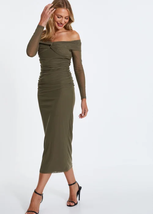 Quiz Khaki Mesh Twist Bardot Midaxi Dress - 8 Image 3