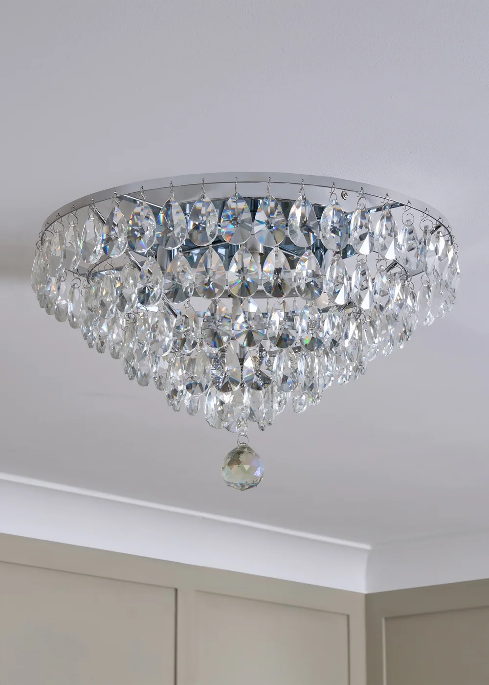 BHS Chrome Elsa Crystal Diamond Effect Flush Ceiling Light (29cm x 55cm) - One Size Image 1