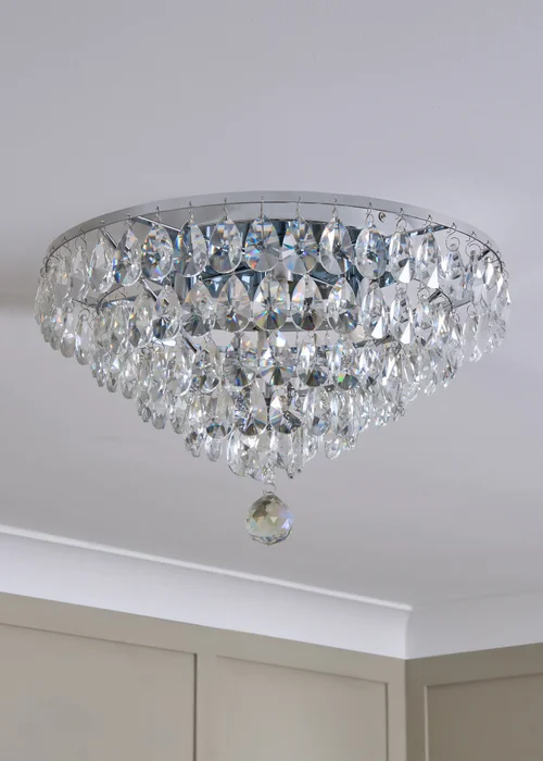 BHS Chrome Elsa Crystal Diamond Effect Flush Ceiling Light (29cm x 55cm) - One Size Image 1