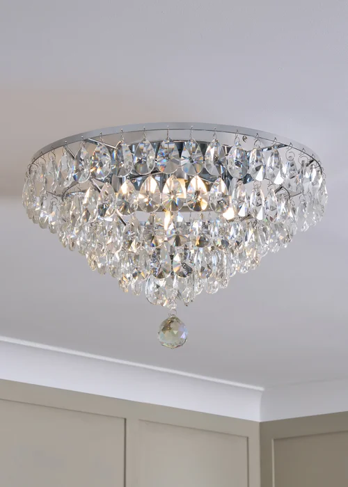 BHS Chrome Elsa Crystal Diamond Effect Flush Ceiling Light (29cm x 55cm) - One Size Image 2