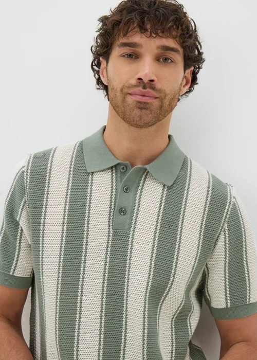 Sage Stripe Knitted Polo Shirt - S Image 2