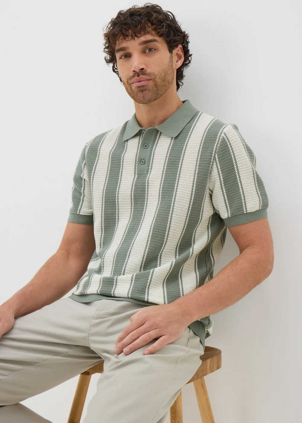 Sage Stripe Knitted Polo Shirt - S Image 1