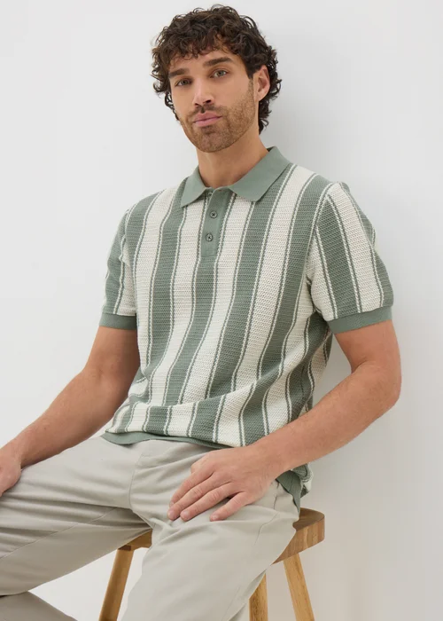 Sage Stripe Knitted Polo Shirt - S Image 1