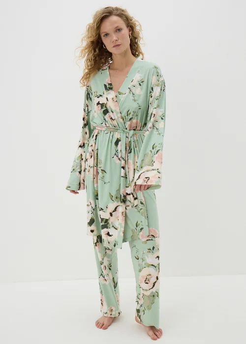 Sage Green Soft Touch Floral Dressing Gown - Small Image 1