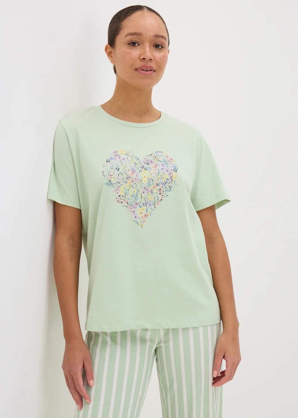 Sage Green Floral Heart Pyjama T-Shirt - Small Image 1
