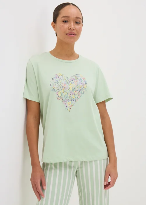 Sage Green Floral Heart Pyjama T-Shirt - Small Image 1