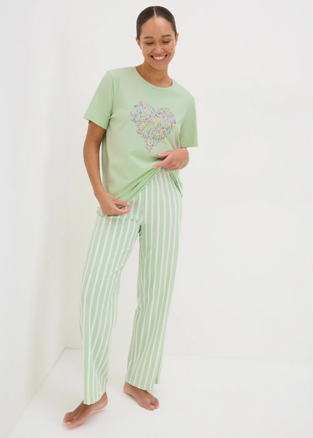 Sage Green Floral Heart Pyjama T-Shirt - Small Image 2