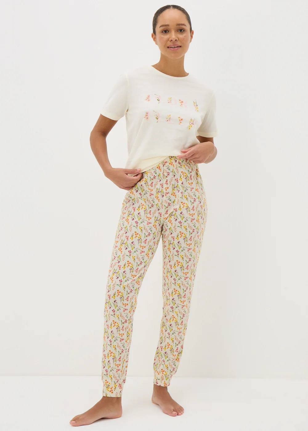 Cream Floral Print Pyjama Bottoms - Small Image 1