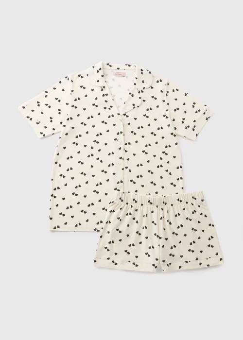 Cream Monochrome Heart Print Shorts Pyjama Set - Extra small Image 3