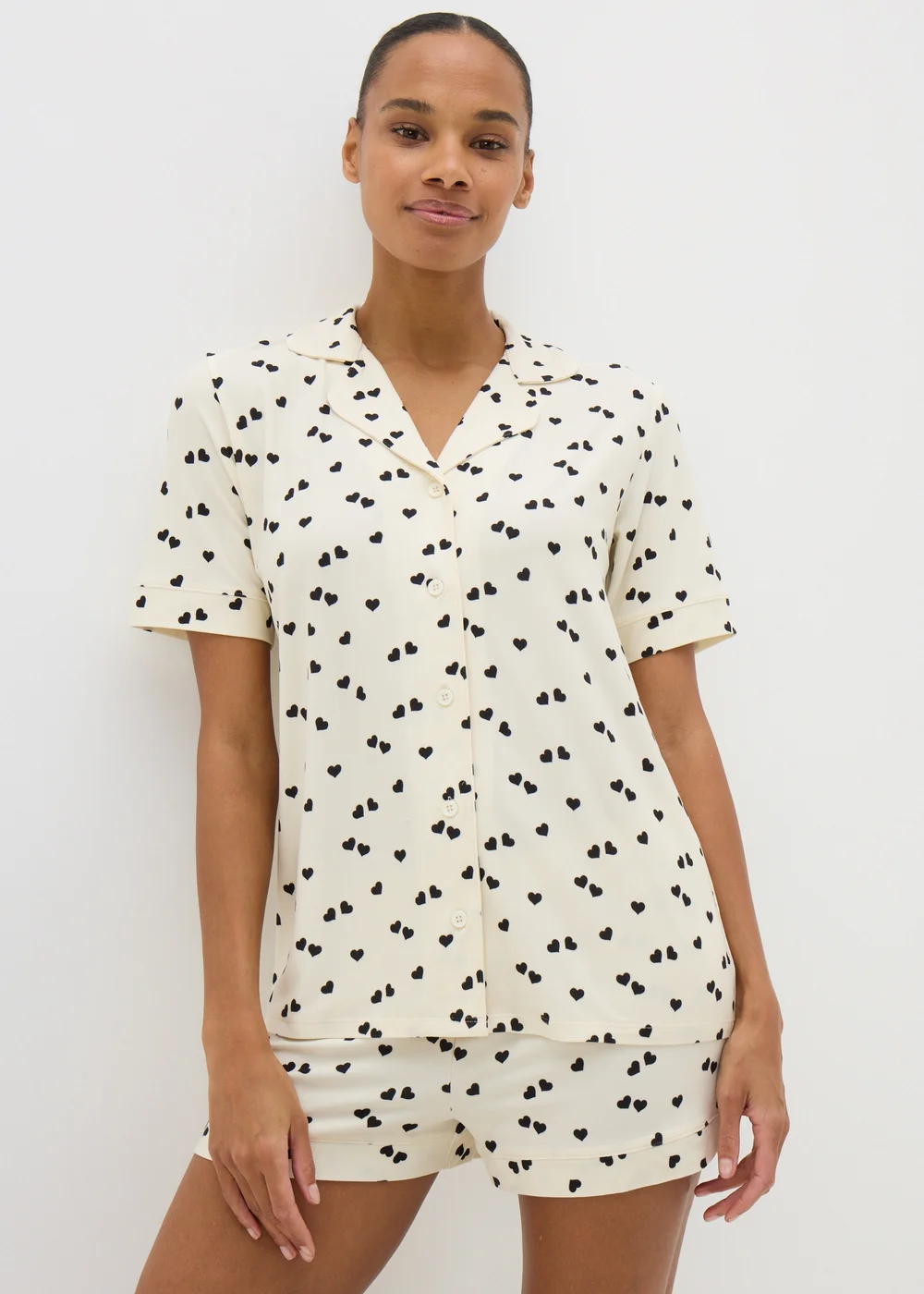 Cream Monochrome Heart Print Shorts Pyjama Set - Extra small Image 1