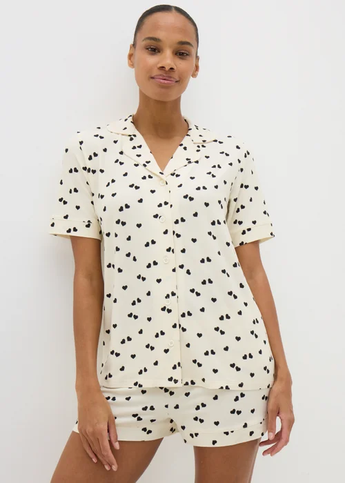 Cream Monochrome Heart Print Shorts Pyjama Set - Extra small Image 1