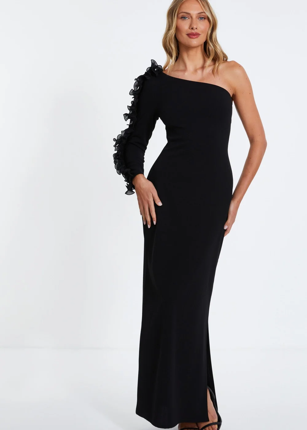 Quiz Black Frill One Shoulder Maxi Dress - 6 Image 1