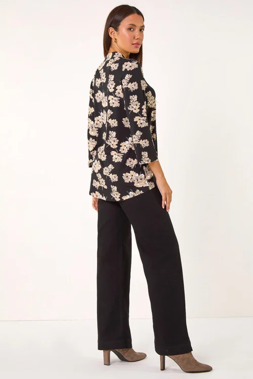 Roman Black Floral V-Neck Pleat Front Stretch Top - 10 Image 4