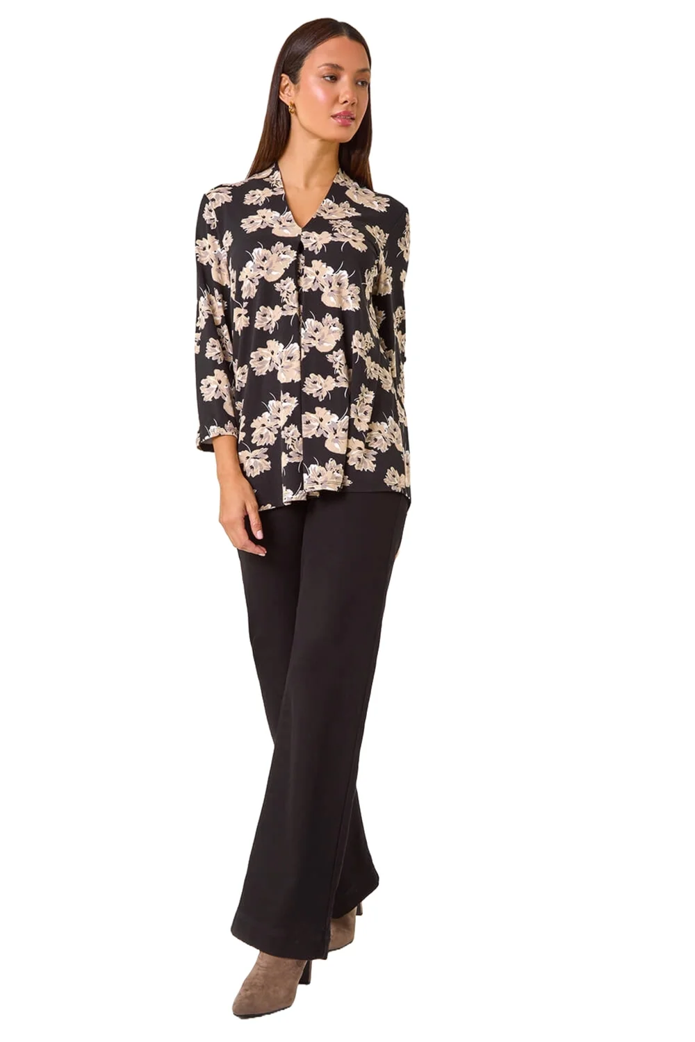 Roman Black Floral V-Neck Pleat Front Stretch Top - 10 Image 1