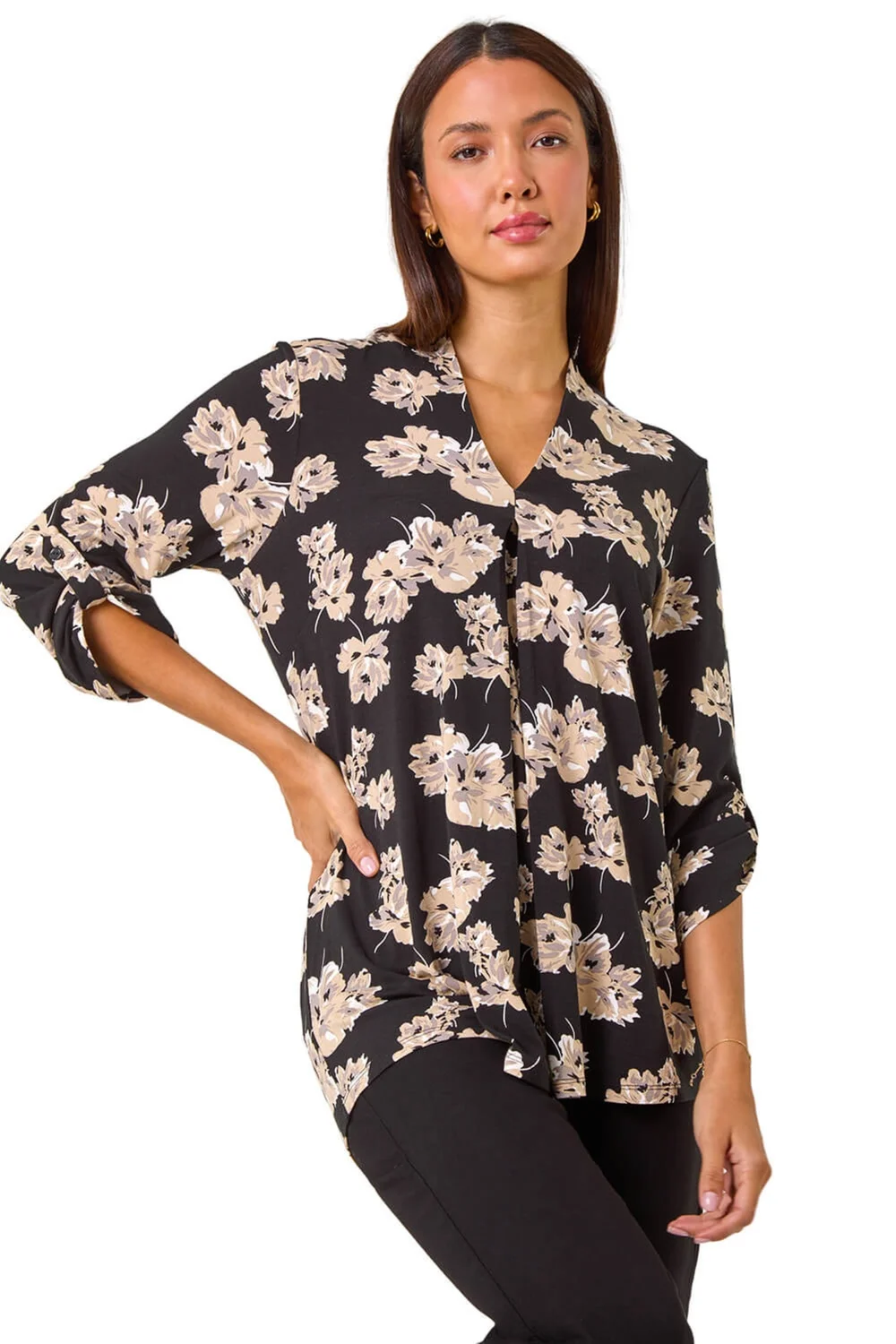 Roman Black Floral V-Neck Pleat Front Stretch Top - 10 Image 2