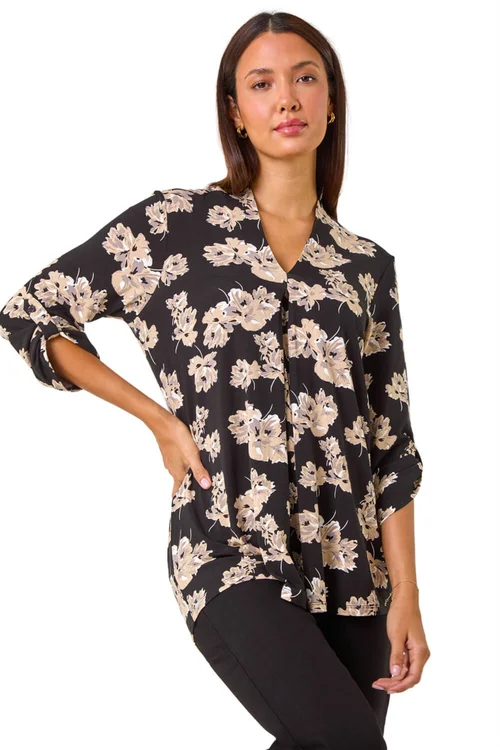 Roman Black Floral V-Neck Pleat Front Stretch Top - 10 Image 2