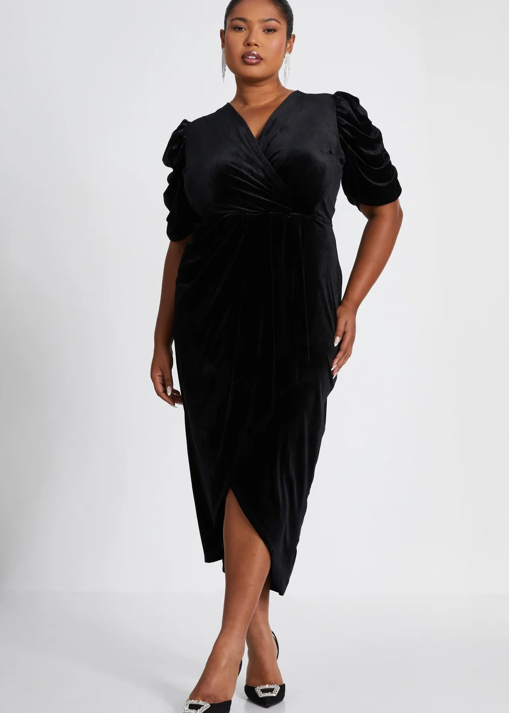 Quiz Black Curve Velvet Wrap Midi Dress - 16 Image 1