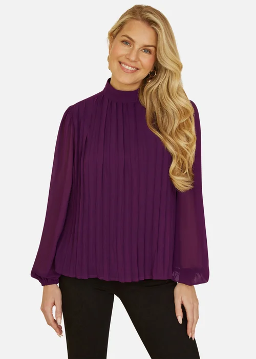 Mela Plum Pleated Long Sleeve Top With High Neck - 8 Image 2