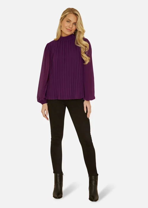 Mela Plum Pleated Long Sleeve Top With High Neck - 8 Image 1